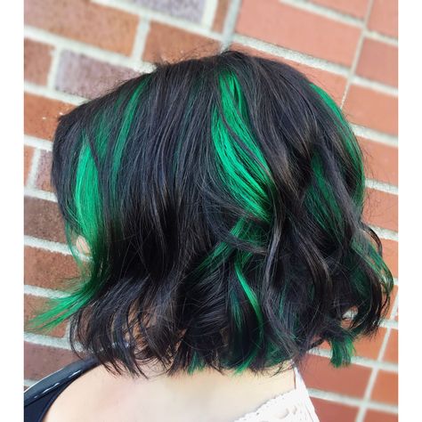 Green Peekaboo Hair Brown Hair With Green Peekaboo, Green Hair Peekaboo, Peekaboo Hair Short, Dark Brown Hair With Green Peekaboos, Peekaboo Hair Color Green, Green And Purple Peekaboo Hair, Hairstyles Peekaboo, Neon Green Peekaboo Hair, Green Peekaboo Hair