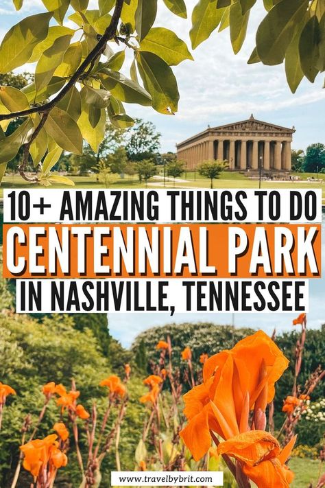 A full-scale replica of the Parthenon framed by a green leafy tree branch in Centennial Park Nashville. Several orange flowers in a green garden in Centennial Park Nashville Centennial Park Nashville, Nashville Things To Do, Nashville Travel, Sand Volleyball, North America Travel Destinations, The Parthenon, Wanderlust Photography, Centennial Park, Nashville Trip