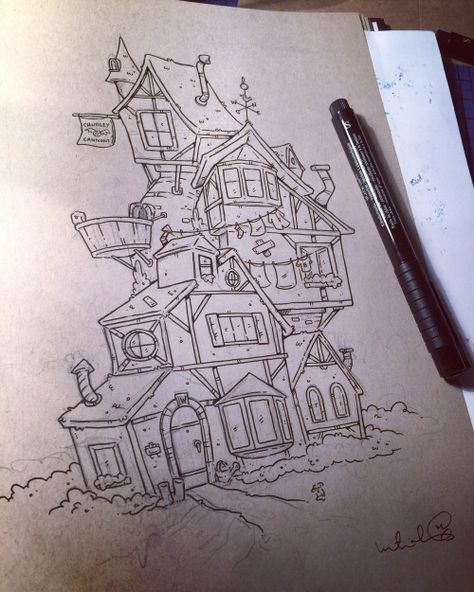 “The Burrow” from pencils to paints. Complete with... | katiecandraw Childhood Drawing, Harry Potter Sketch, Harry Potter Journal, Harry Potter Art Drawings, Harry Potter Painting, The Burrow, Harry Potter Tattoos, Images Harry Potter, Harry Potter Drawings