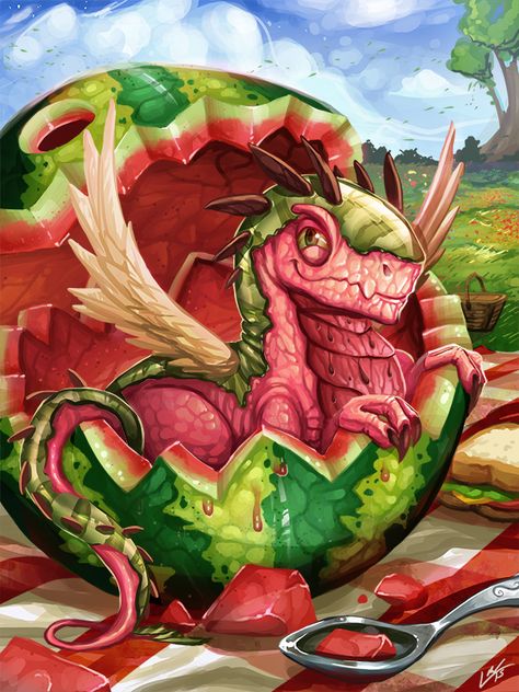 Watermelon Dragon by Lanasy Mythical Dragons, Dragon Artwork Fantasy, Dragon's Lair, Fairy Dragon, Diamond Paintings, Mythical Beast, Dragon Pictures, Dragon Artwork, Cute Dragons