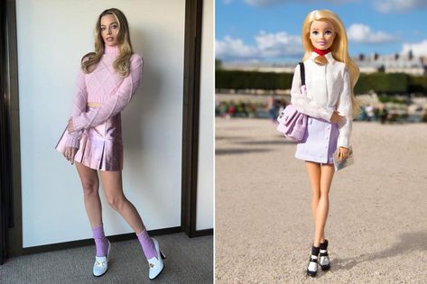 See photos of all the Barbie doll-inspired outfits Margot Robbie has worn while promoting the new Mattel movie — along with their plastic counterparts. Famous Barbie Dolls, Barbie Doll Inspired Outfit, Margret Robbie, Margot Robbie Dress, Famous Blondes, Pink Wardrobe, Purple Socks, Pink Pleated Skirt, Vintage Versace