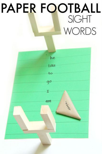 Fun DIY sight word game with a paper football that is great for preschool, kindergarten and early readers!   Sight word paper football game for Kindergarten students and beginner readers.  Kids will love this active sight work activity!  #sightwordgames #footballthemed #kindergarten #sightwordactivity Football Sight Word Game, Super Bowl Kindergarten Activities, Sight Words Kindergarten Activities, Paper Football, High School Games, Pencil Control, Beginner Reader, Teaching Sight Words, Kindergarten Games