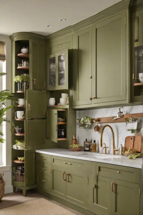 Olive Green Cabinets, Pros and Cons, Kitchen Cabinets, Interior Design inspiration U Shaped Kitchen Green, Moss Green Cabinets, Olive Green Cupboards, Olive Green And White Kitchen, Olive Green And Wood Kitchen, Olive Color Kitchen, Olive Green Cabinets Kitchen, Olive Kitchen Cabinets, Kitchen Cabinet Doors Styles