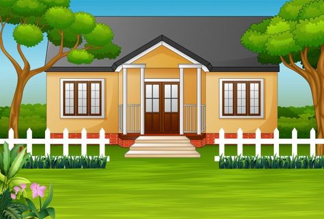 Cartoon house with green yard and wooden... | Premium Vector #Freepik #vector #background #flower #floral #tree Forest Cartoon, Photoshop Backgrounds Backdrops, House Cartoon, Nature Background Images, Cartoon House, Kids Background, Free Cartoons, Best Background Images, Poster Background Design