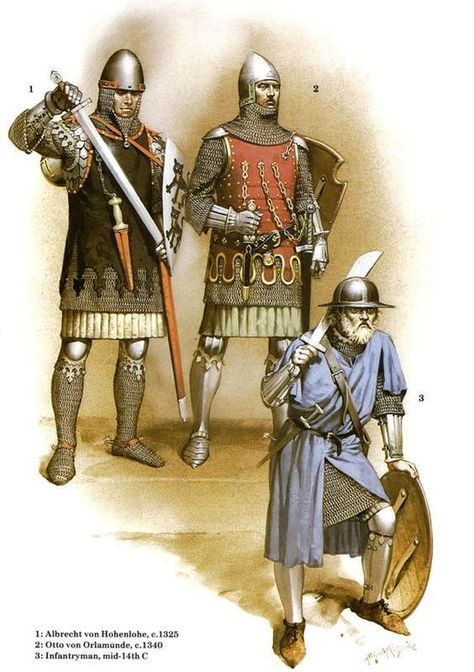 Soldiers of Central Europe, 14th Century Medevil Times, Angus Mcbride, Medieval Artwork, Century Armor, Historical Warriors, Historical Illustration, Medieval Ages, Holy Roman Empire, Ancient Warfare