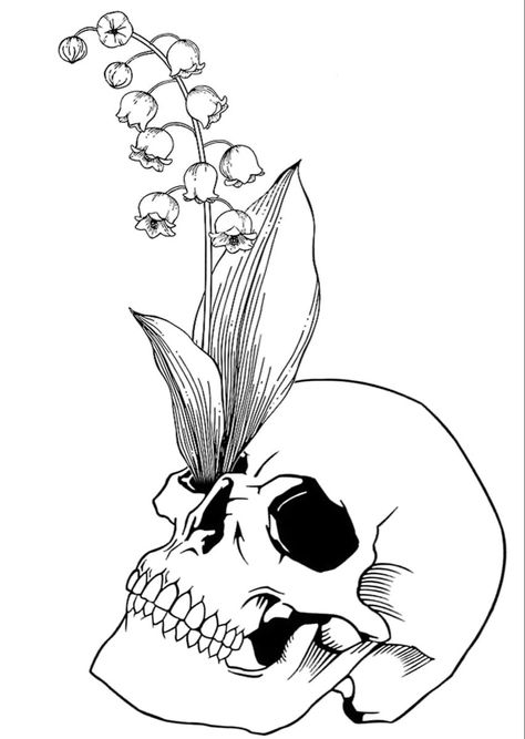 Lily Of The Valley Skulls, Live Laugh Lobotomy Tattoo, Symbols Of Rebirth, Lily Of The Valley Skull Tattoo, Gothic Flower Drawing, Rebirth Illustration, Rebirth Symbolism, Rebirth Flower, Rebirth Drawing