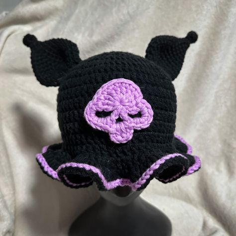 Crochet Bat Hat, Crochet Kuromi Hat, Goth Crochet, Mushroom Lady, Bucket Hat Crochet Pattern, Bat Hat, Bucket Hat Crochet, Crochet Bat, Hat Crochet Pattern