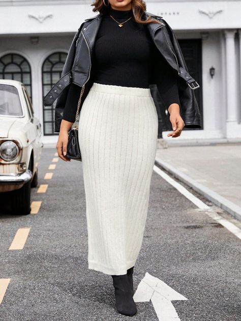 SHEIN Essnce Plus Size Women'S Ribbed Sweater SkirtI discovered amazing products on SHEIN.com, come check them out! White Knit Skirt Outfit, Ribbed Skirt Outfit, White Knit Skirt, Sweater Skirts, Sweater Skirt Outfit, Knit Skirt Outfit, Warm Skirts, White Skirt Outfits, Outfit Botas