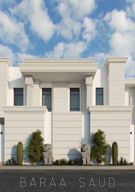 AB-H_Private villa in Riyadh on Behance House Front View Design, Modern Boundary Wall Design, Compound Wall Ideas, Neoclassic Exterior, Front Boundary Wall Design, Modern Boundary Wall, Neoclassical Exterior, Classic Villa Exterior, Boundary Wall Design