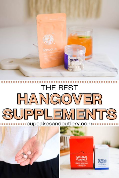 Text: The Best Hangover Supplements, cupcakesandcutlery.com with a collage of images for products used as hangover supplements. Hangover Remedy Kit, Hangover Headache Relief, Vitamins For Hangover, Nac Supplement, Hangover Remedy, Wild Night, Hangover Kit, Positive Mental Health, Medicine Boxes