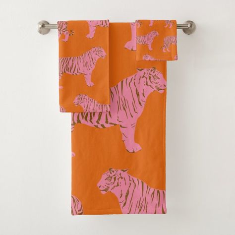 Art Tigre, Boho Orange, Design Alphabet, Pink Tiger, Orange Bathrooms, Patterned Bath Towels, Pet Tiger, Custom Towel, Tiger Art