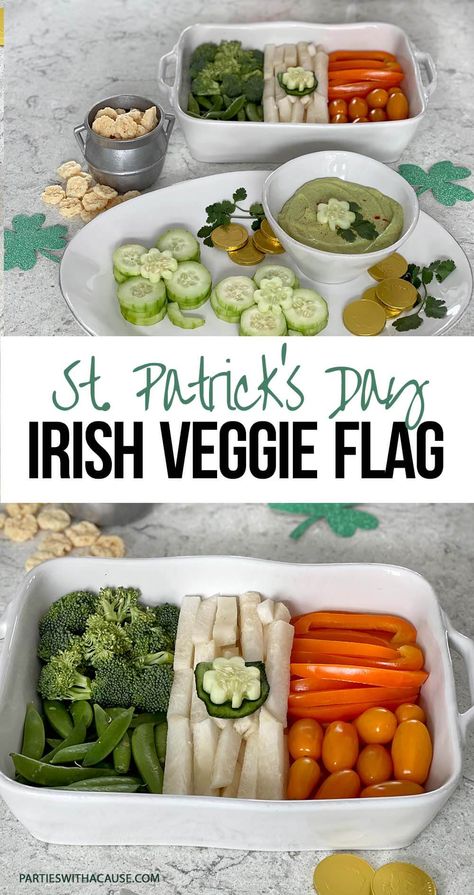 Need fun St Patrick's Day food ideas but want to stay healthy? This Irish flag veggie tray is the perfect solution! Add some cheesy coins and avocado hummus for dipping for a memorable Irish celebration! #stpatricksday #healthypartyfood #veggietray St Patrick Party Food, St Patrick's Day Food Ideas, St Patrick's Day Food, Irish Celebration, Healthy Party Food, Sweet Potato Slices, St Patricks Day Food, Avocado Hummus, Relish Trays