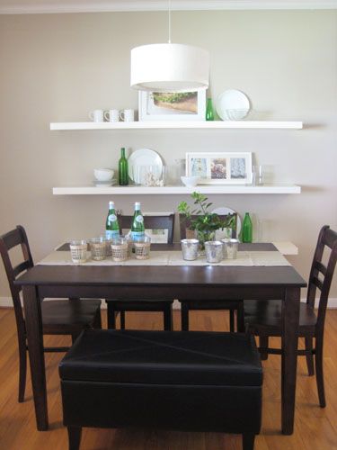 Shelves behind the table store pretty plates - like a china cab / hutch except takes up less visual room. Dining Room Shelving, Ikea Lack Shelves, Dining Area Decor, Dining Room Shelves, White Floating Shelves, Young House, Young House Love, Dining Room Seating, Decorating Shelves