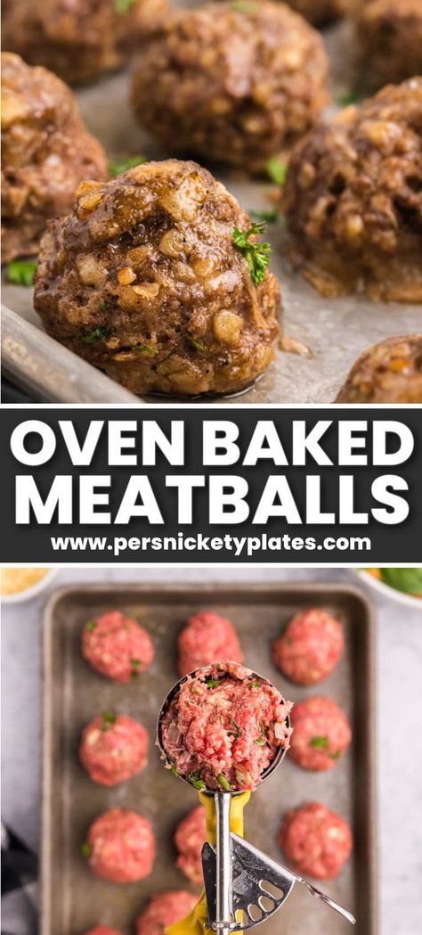 Easy Oven Baked Meatballs are juicy, tender, and super flavorful. These baked ground beef meatballs are ready in 35 minutes with no grease splatter to cleanup which makes them the perfect meal any day of the week. Serve them over pasta, as an appetizer, in a sandwich, or get ahead with your meal prep by doubling the batch and freezing some for later! | www.persnicketyplates.com Oven Meatballs Recipe, Chicken Meatball Recipe, Oven Meatballs, Italian Nonna, Bowl Of Spaghetti, Oven Baked Meatballs, Baked Meatball Recipe, Ground Beef Meatballs, Baked Meatballs