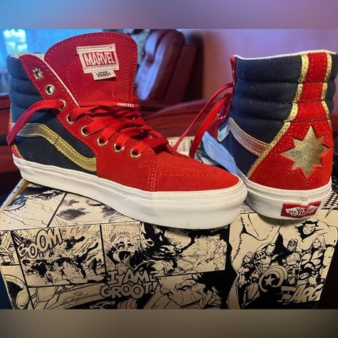 Marvel x Vans SK8-HI ( Captain Marvel) Vans Sk8 Hi, Marvel X, Sk8 Hi, Suede Material, Vans Sk8, Captain Marvel, Vans Shoes, Light Red, Marvel