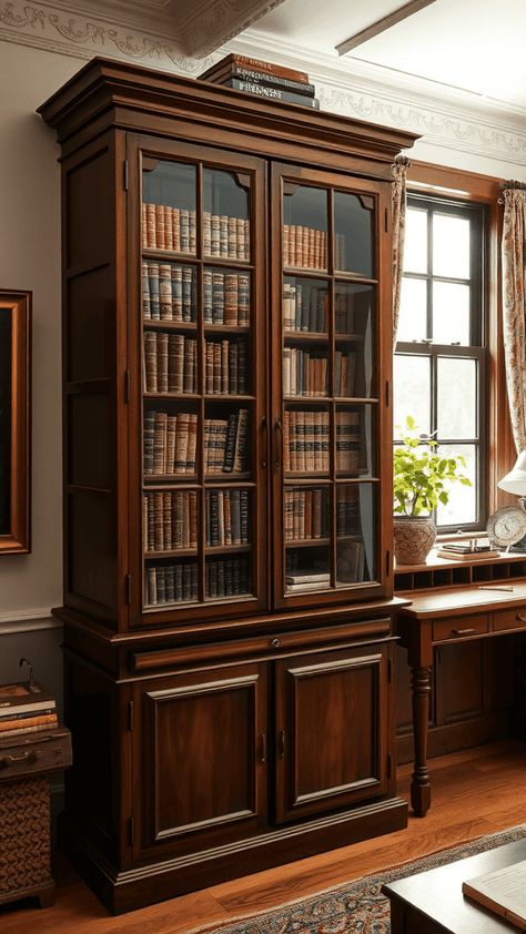 Blend timeless Victorian charm with modern functionality in your home office, using vintage furnishings and classic decor. Victorian Bookshelves, Victorian Library Aesthetic, Old Office Aesthetic, Academic Decor, Vintage Study Room, Victorian Home Office, Study Cabinet, Dark Home Office, Victorian Office