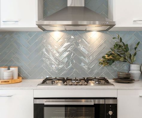 Coastal Kitchen Splashback Herringbone Tiles Kitchen, Blue Kitchen Tiles, Blue Subway Tile, Hamptons Kitchen, Kitchen Splashback Tiles, Tile Splashback, Beaumont Tiles, Contemporary Tile, Splashback Tiles