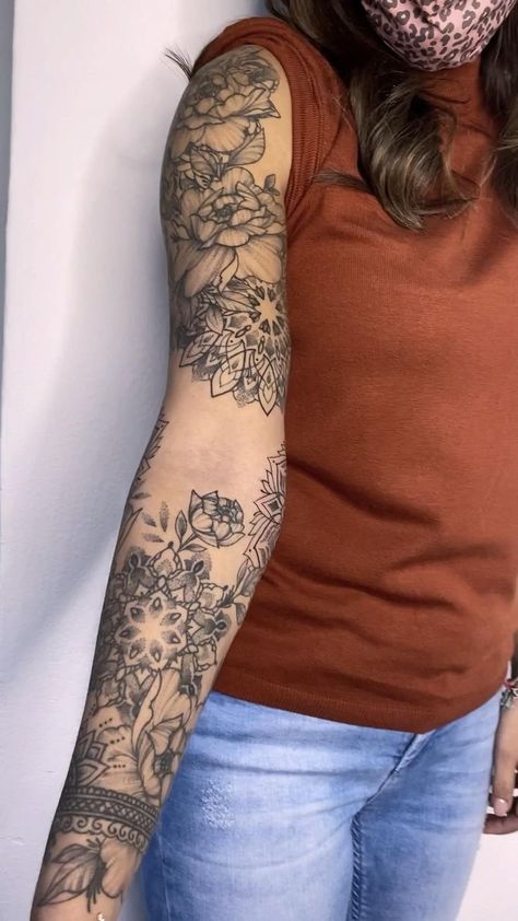 Full Sleeve Mandala Tattoos Women, Negative Space Mandala Tattoo, Floral And Mandala Tattoo Sleeve, Mandala Flower Tattoos Forearm, Flowers And Mandala Tattoo, Mandala Elbow Tattoo Women, Mandala Arm Sleeve, Peony Tattoo Arm, Mandala And Flower Tattoo