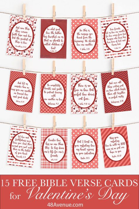 Colorful Photo of 12 FREE Printable Bible Verse cards for Valentine's Day attached to hanging strings by a clothespin. Church Valentines Crafts, Free Printable Bible Verse Cards, Christian Valentines Cards, Valentine Verses, Valentines Scripture, Valentines Bible Verse, Church Valentines, Religious Valentines, Friend Valentine Card