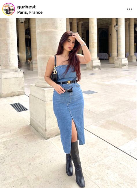 Overall Dress Outfit Winter, Denim Skirt Fashion, Trendy Outfits Indian, A Line Denim Skirt, Leopard Print Maxi Dress, Denim Ideas, Winter Dress Outfits, Traditional Indian Outfits, Elegant Dresses Classy