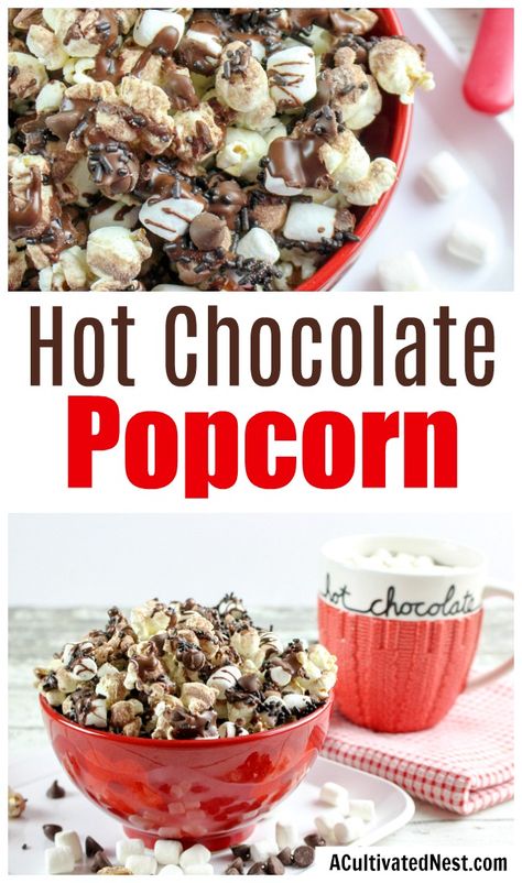 Hot Chocolate Popcorn- Love chocolate and love popcorn? You can enjoy both together in this hot chocolate popcorn recipe! This chocolatey dessert popcorn is the perfect winter treat for after school or family movie night! | easy chocolate snack recipe idea,  #dessertrecipes #popcorn #recipes #popcornrecipes #acultivatednest Dessert Popcorn, Chocolate Popcorn Recipe, Popcorn Recipes Chocolate, Cooking Popcorn, Winter Desserts Easy, Popcorn Recipes Easy, Winter Snack, Popcorn Recipe, Chocolate Popcorn