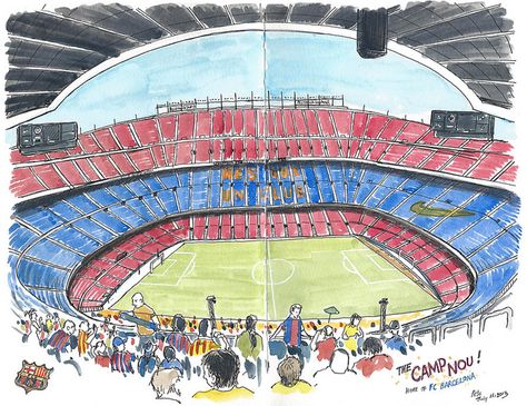 Camp Nou, Barcelona | Flickr - Photo Sharing! Soccer Watercolor, Barcelona Painting, Soccer Illustration, Urban Illustration, Soccer Drawing, Football Drawing, Drawing Scenery, Watercolour Ideas, Sports Painting