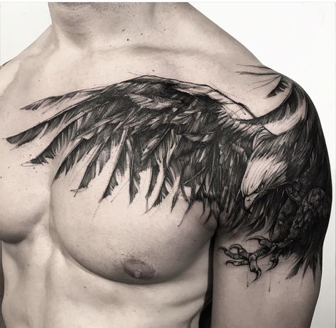 Tato Dada, Cool Shoulder Tattoos, Tattoo Placements, Mens Shoulder Tattoo, Wild Tattoo, Cool Chest Tattoos, Chest Tattoos, Raven Tattoo, Eagle Tattoos