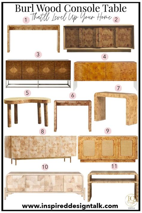 Burl Wood Console Table, Wood Console Table Entryway, Burl Wood Console, Console Table Ideas, Burled Wood Table, Burled Wood Furniture, Small Console Table, Console Table Entryway, Wood Media Console