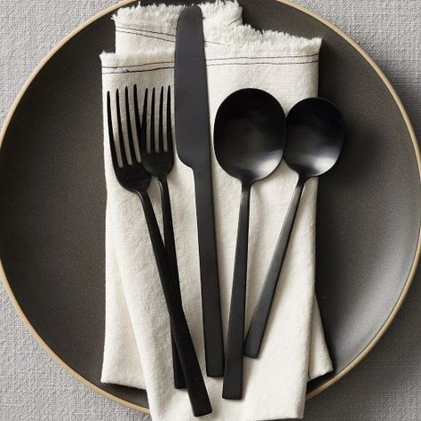 Mirror All Flatware Sets | West Elm Black Utensils, Kim House, Black Cutlery, Black Flatware, West Elm Kids, Flatware Sets, Stoneware Dinnerware Sets, Stoneware Dinnerware, Dinner Fork