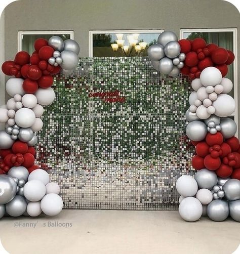 Red And Silver Balloons Decoration, Red White And Silver Backdrop, Red Winter Wonderland Theme, Red And Silver Balloon Garland, Red White Silver Party Theme, Silver Shimmer Wall With Balloons, Diamonds Are Forever Prom Theme, Red Prom Decorations, Red And Silver Party Theme