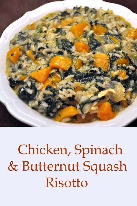 A simple, easy Risotto with Chicken, Spinach & Butternut Squash  #EasyRisotto #RisottoForTwo #SpinachRisotto #DinnerForTwo Spinach Butternut Squash, Risotto Chicken, Risotto With Chicken, Chicken Butternut Squash, Butternut Squash And Spinach, Spinach Risotto, Easy Risotto, Squash Risotto, Butternut Squash Risotto