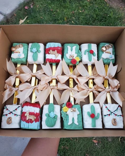 Mexican Rice Krispie Treats, Fiesta Rice Crispy Treats, Fiesta Theme Chocolate Covered Oreos, Fiesta Theme Rice Crispy Treats, Cactus Chocolate Covered Pretzels, Mexican Themed Baby Shower Ideas, Strawberry Theme Rice Krispie Treats, Mexican Theme Baby Shower, Gender Reveal Dessert