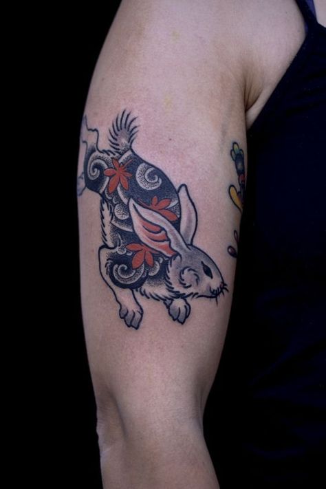 Traditional Japanese Rabbit Tattoo, Asian Rabbit Tattoo, Usagi Tattoo, Japanese Rabbit Tattoo, Ukiyoe Tattoo, Japanese Rabbit, Bunny Tattoo, Stunning Tattoos, Rabbit Tattoo