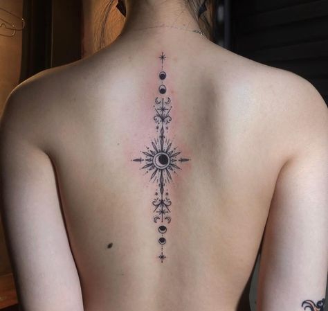 Back Tattoo Women Moon, Celestial Spine Tattoo, Middle Of Back Tattoo, Rockstar Tattoo, Lower Belly Tattoos, Snow Tattoo, One Line Tattoo, Belly Tattoos, Forearm Band Tattoos