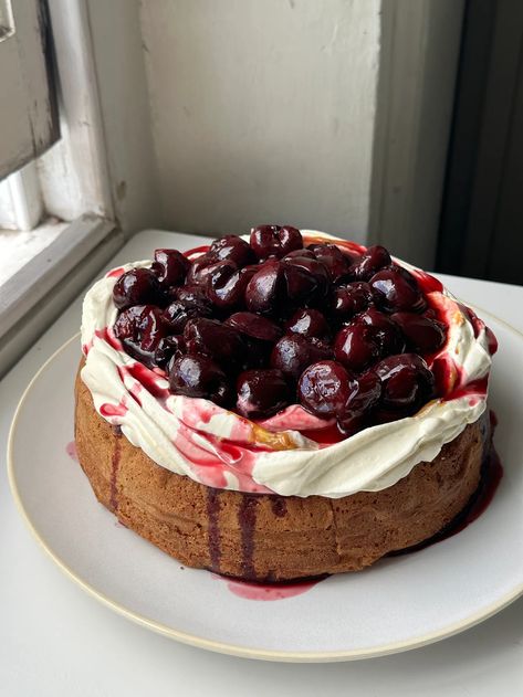 Peanut Butter & Jelly Cake with Roasted Cherries Peanut Butter Jelly Cake, Cake With Jam, Roasted Cherries, Butter Cream Cake, Cake With Cherry, Cake Cherry, Roasted Cherry, Peanut Butter Cake, Jelly Cake