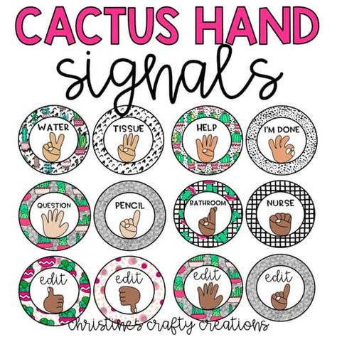 Cactus Hand Signals l Multicultural and Editable | TPT Cactus Classroom Decor, Cactus Classroom, Book Bin Labels, Boho Teacher, Partner Cards, Teacher Toolbox Labels, Classroom Rules Poster, Stem Teacher, Clip Chart