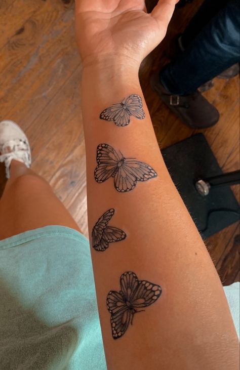 333 Tattoo With Butterfly, Sweet 16 Tattoo Ideas, Forearm Tattoo Women Butterflies, Forearm Tattoos Butterfly, Forearm Butterfly Tattoo, Butterfly Tattoo On Forearm, Small Butterflies Tattoo, Butterfly Forearm Tattoo, Fly Tattoo