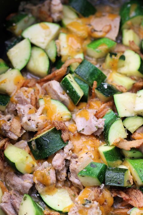 Lost and Found Casserole--an easy slow cooker or stovetop recipe with chicken, zucchini, cheese and crispy fried onions. Casseroles Easy, Chicken And Vegetable Casserole, Zucchini Chicken, Gluten Free Crock Pot Recipes, Butternut Squash Casserole, Regular Meals, Crispy Fried Onions, Zucchini Cheese, Recipe With Chicken