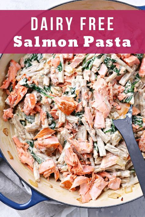 Dairy Free Creamy Salmon Pasta, Vegan Salmon Pasta, Salmon Pasta Recipes Dairy Free, Salmon Pasta Dairy Free, Fish Recipes Dairy Free, Salmon Dip Recipes, Dairy Free Pasta Recipes, Veggie Pasta Recipes, Salmon Noodles