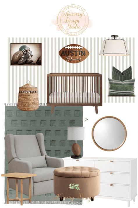 austin's nursery Hunter Green Nursery Boys, Neutral Football Nursery, Sports Nursery Theme Vintage, Alaska Fits, Football Nursery Baby Boy, Baby Boy Nursery Sports Theme, Rustic Sports Nursery, Themed Nursery Ideas, Sports Themed Nursery