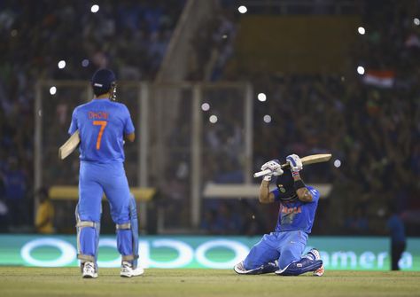 MS Dhoni, captain of the Indian team and Virat Kohli celebrate victory during the ICC WT20 match between India and Australia in Mohali, India. March 27 2016 Dhoni Virat, Ms Doni, Virat Kohli Hairstyle, Virat And Anushka, Ms Dhoni Wallpapers, Virat Kohli Instagram, Virat Kohli Wallpapers, India Cricket Team, World Cricket