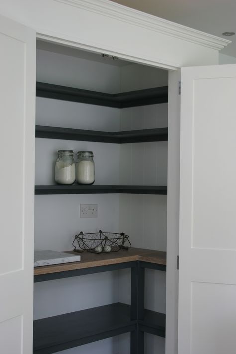 Pantry from one of our latest kitchens near Horsham , West Sussex . Painted in Farrow and Ball Wimborne White white shelving in Down Pipe and oak worktop with Osmo white oil. Walk In Pantry Dimensions, Small Walk In Pantry, Pantry Dimensions, Walk In Pantry Ideas, Ideas Armario, Modern Pantry, Pantry Remodel, Store Room, Pantry Makeover