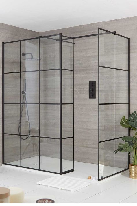 Grid Shower Screen, Cristal Shower Screen, Crittal Shower Screen, Crittall Bathroom, Shower Screens Ideas, Portugal Bathroom, Urban Style Bathroom, Green And Black Bathroom Ideas, Green And Black Bathroom