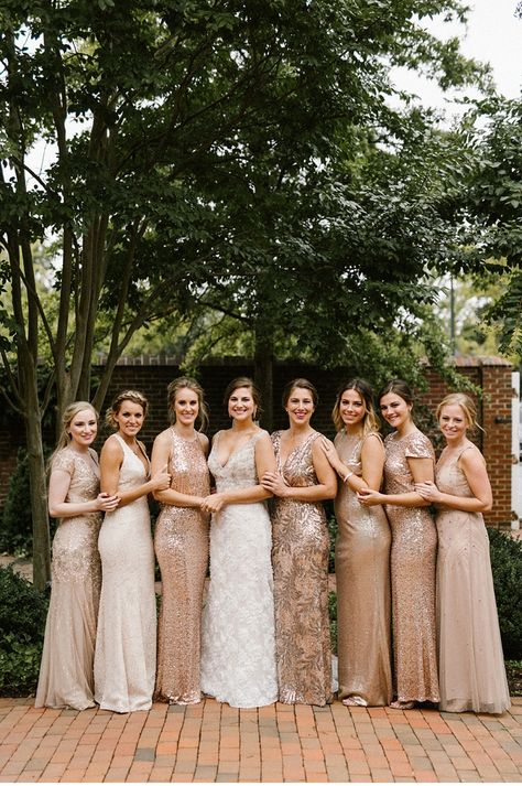 Shades Of Gold Bridesmaid Dresses, Different Shades Of Gold, Women Standing, Gold Wedding Dress, Sequin Bridesmaid, Gold Bridesmaid Dresses, Mismatched Bridesmaids, Sequin Bridesmaid Dresses, Gold Bridesmaids