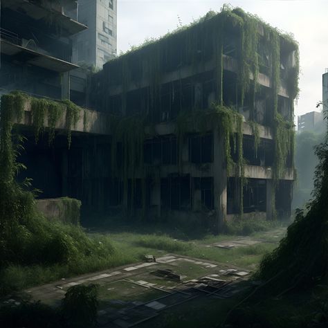 Paintings Of Abandoned Buildings, Abandoned Building In Forest, Modern Overgrown House, Overgrown Building Aesthetic, Abandoned Overgrown City, City Taken Over By Nature, City Overtaken By Nature, City Reclaimed By Nature, Abandoned Office Building