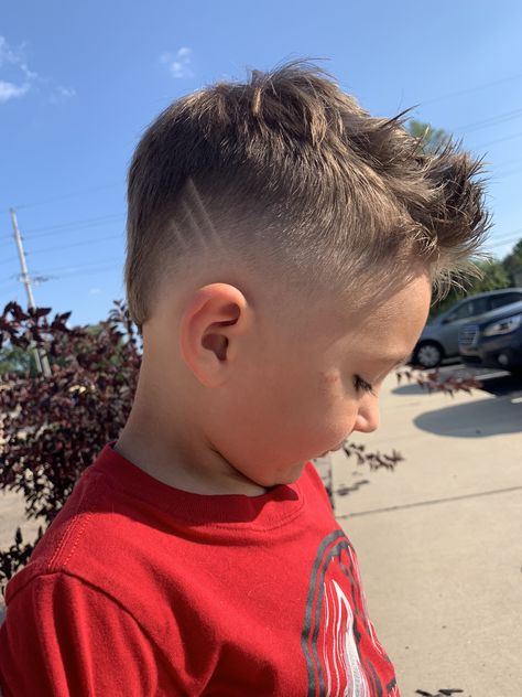 Kids Fohawk Haircut Short, Toddler Boy Haircut With Design, Little Boy Mowhawk Haircuts, Kid Mullets Boys, Little Boy Mullet Haircut Toddler, Fohawk Haircut For Toddler Boys, Kids Baseball Haircut, Fohawk Haircut Fade Mullet, Mullet Hairstyle Kids Boy