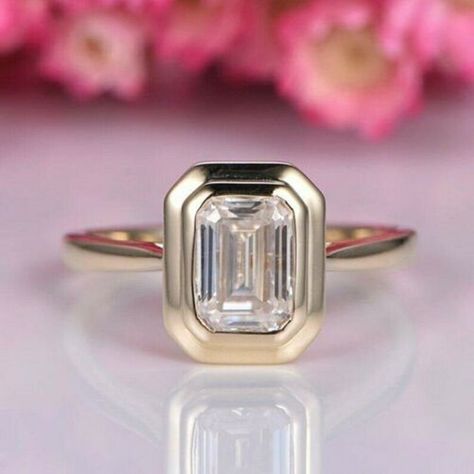 Moissanite Vs Diamond, Bezel Set Engagement Ring, Single Stone Ring, Bezel Engagement Ring, Emerald Cut Moissanite, Bezel Set Ring, Ring Bezel, Moissanite Diamond Rings, Wedding Anniversary Rings