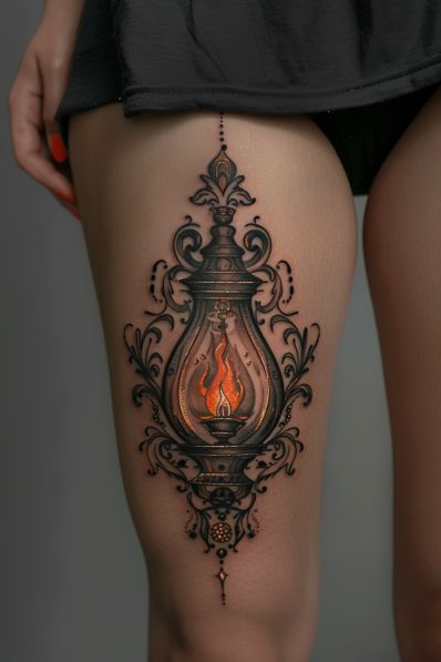 Haunting Tattoos Beautiful, Witchcraft Tattoo Sleeve, Hand Candle Tattoo, Dark Feminine Tattoos Thigh, Mother Daughter Tattoos Witchy, Witchy Chest Tattoos For Women, Victorian Lantern Tattoo, Gothic Lantern Tattoo, Discovery Of Witches Tattoo