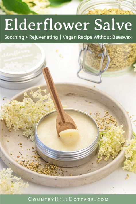 See how to make a simple DIY elderflower slave recipe. The easy natural all purpose healing herbal salve is soothing and nourishing for dry skin, hands, cuticles, cracked heels. Vegan salve without beeswax is made with shea butter, elderflower infused coconut oil and essential oils. Can be used as lip balm or skincare mask. The homemade beauty product comes with tips for packaging, storage and printable labels. #salve #herbalism #elderflower #essentialoils #skincare | countryhillcottage.com Homemade Salve Recipes, Diy Salve, Body Butter Vs Lotion, Herbal Salve Recipes, Homemade Salve, Medical Plants, Packaging Storage, Skincare Mask, Cleaning Diy