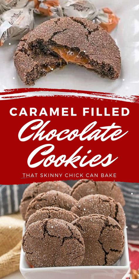 Caramel-Filled Chocolate Cookies -Soft gooey caramel in every bite of these tasty chocolate cookies #cookies #chocolate #caramel Salted Caramel Chocolate Fudge, Caramel Stuffed Cookies, Carrot Cake Whoopie Pies, Cake Whoopie Pies, Chocolate Caramel Cookies, Chewy Chocolate Cookies, Stuffed Cookies, Gooey Caramel, Cookies Soft